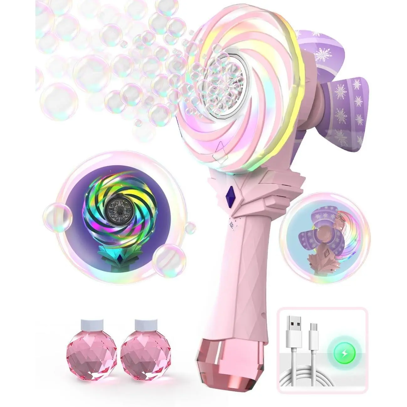 001-X Rechargeable Battery Leakproof Bubble Wand - USB-Powered, 3-Hour Runtime, Color-Changing LED Lights, Interactive Windmill Lollipop Design Toy for Kids 3+ - Outdoor Birthday Gift, Creates Mesmerizing Glowing Bubbles, Encourages Running & Creativity