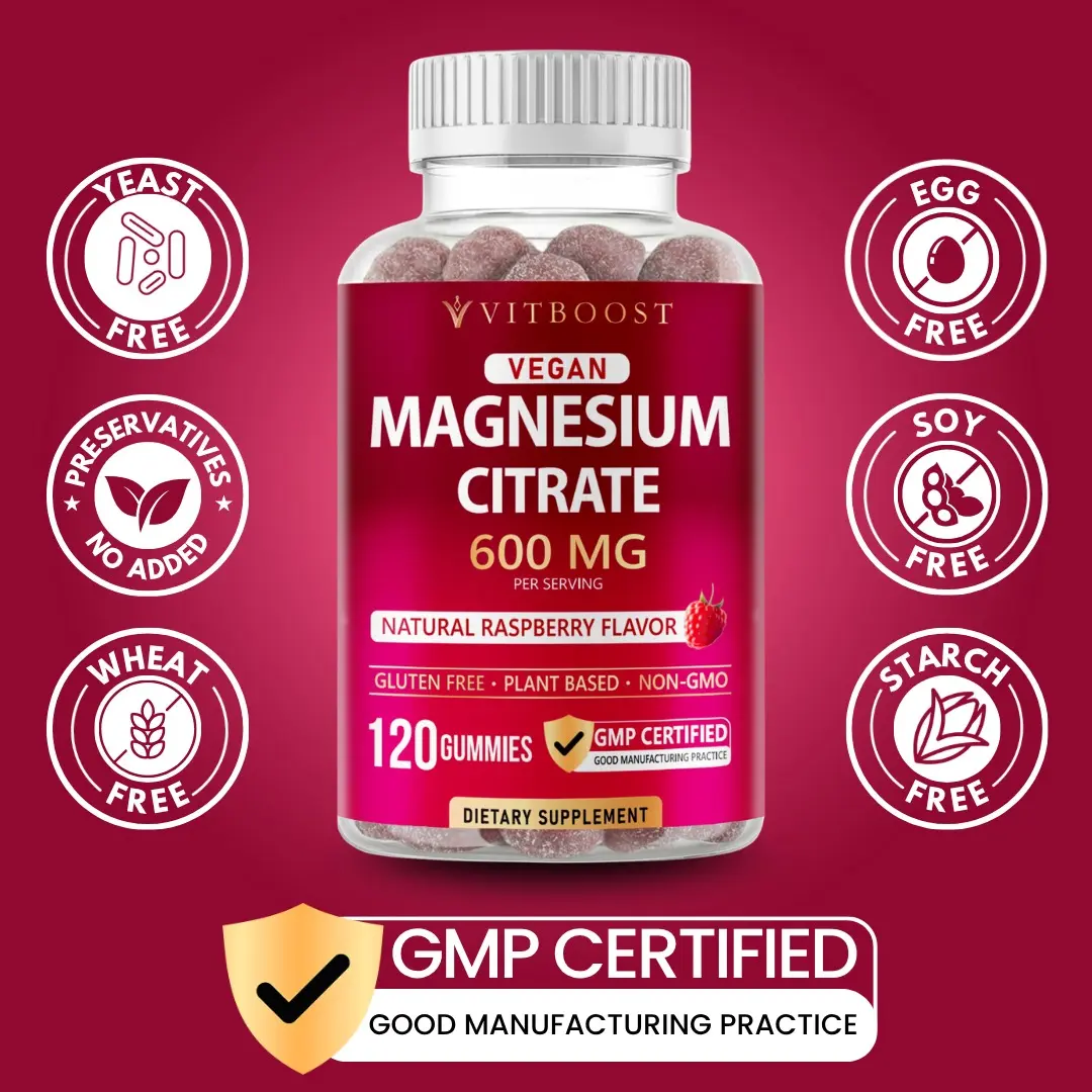 Vitboost Magnesium Citrate Gummies 600mg - Vegan Magnesium Gummies for Relaxation & Muscle Support - Natural Raspberry Flavor - Non-GMO, Gluten Free, Plant Based