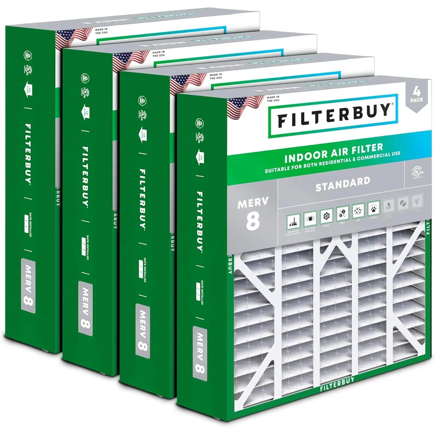Filterbuy 20x25x6 Household HVAC AC Furnace Air Filter (4-Pack), Pleated MERV 8 Dust Defense Replacement Parts for Aprilaire Space-Gard 201/2200/2250 & Lennox