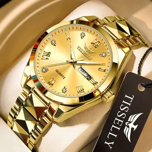 Gold Watches for Men Diamond Business Dress AnalocQuartz Stainless Steel Waterproof Luminous Date ToneLuxury Casual Wrist Watch