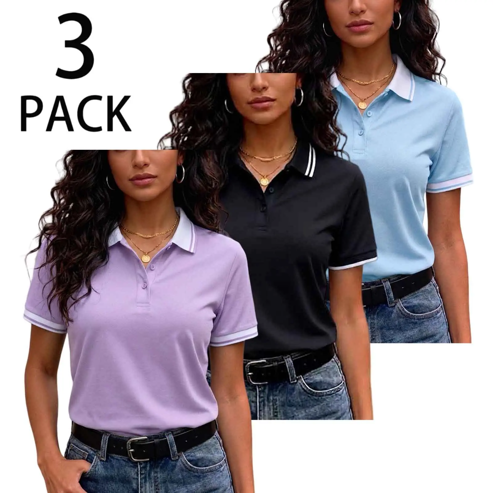 3-pack women’s polo shirts, short sleeves, color-block design, button placket, slim fit, casual tops, lightweight, breathable, suitable for the gym and outdoor walks