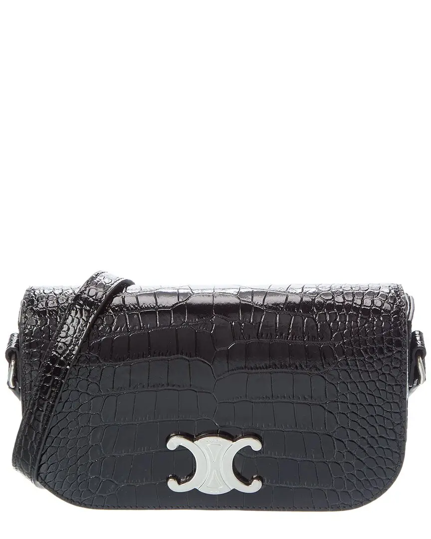 CELINE Small Triomphe Croc-Embossed Leather Crossbody