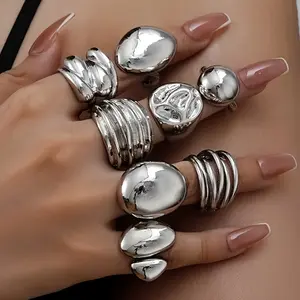 8pcs Exaggerated Elegant Geometric Wide Face Irregular Curved Stacking Silvery Ring Set for Girls Daily Wear, Seaside Vacation Party, Dating Holiday Gift
