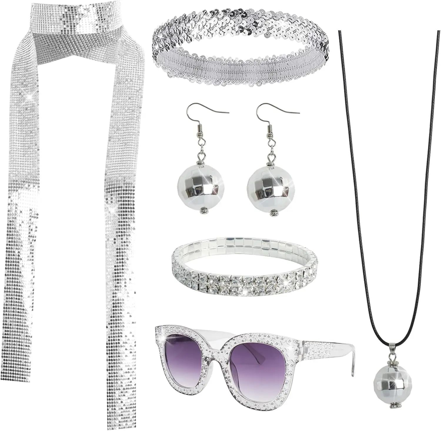 6 Pcs 70s Women Disco Accessories Disco Costume Disco Sequin Scarf Headband Diamond Bracelet Ball Necklace Earring GlassesGift.