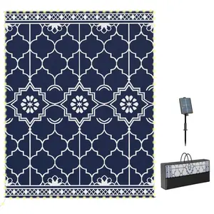 Outsunny Reversible Outdoor Rug Carpet with LED Lights, PP Straw Rug, Portable RV Camping Mat with Carry Bag and Ground Stakes for Backyard, Deck, Picnic, Beach