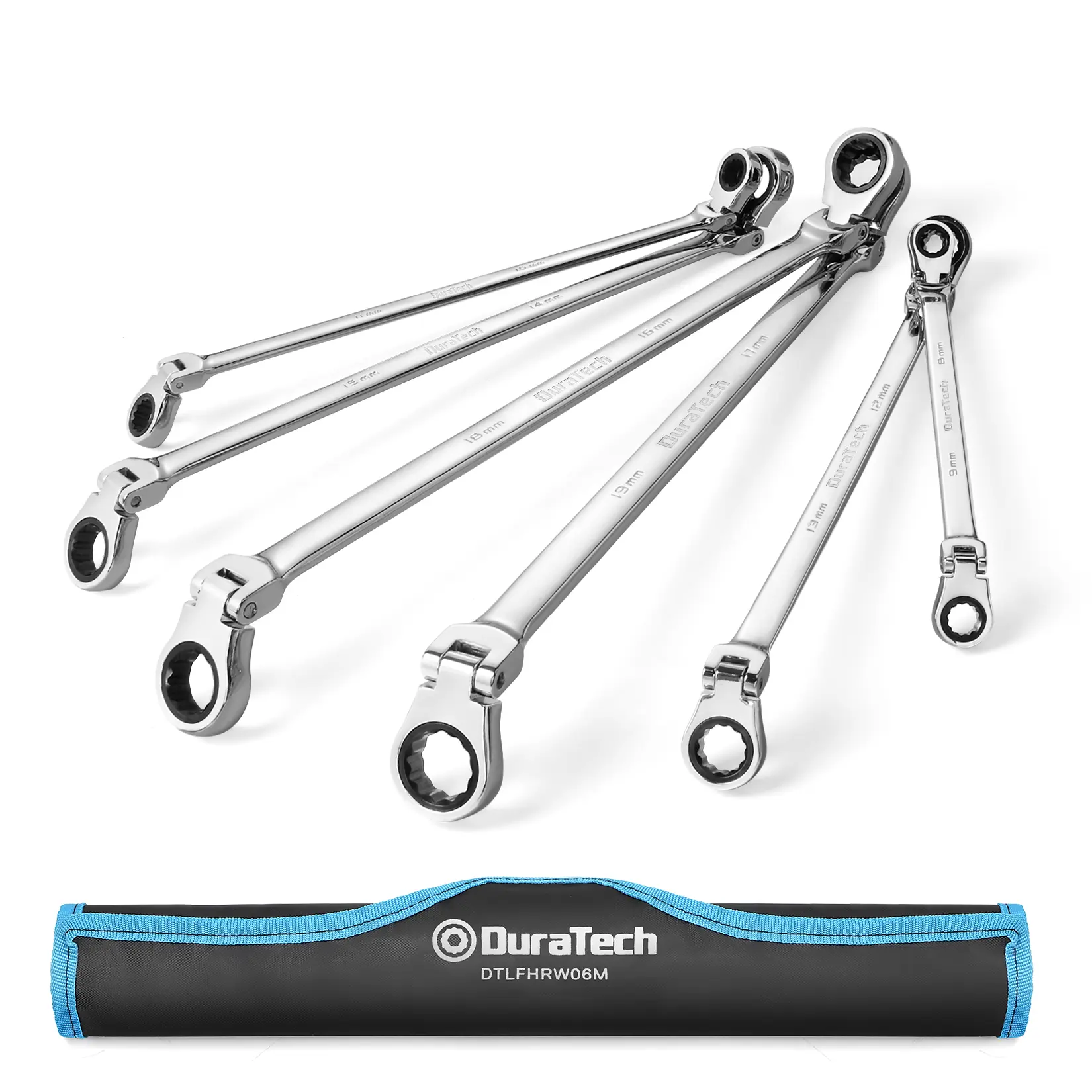 #fathersdaygift DURATECH Extra Long Flex-Head Ratcheting Wrench Set, Double Box End Wrench Set, 6-Count, Metric 8-19 mm, CR-V Steel, with Pouch