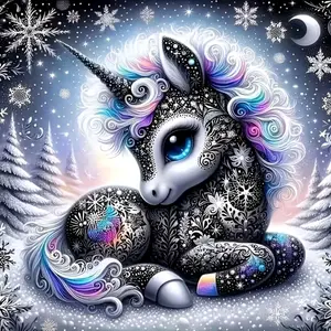 Patterned Unicorn in Snowy Night with Rainbow Mane, Multiple sizes available including square and round diamonds. This 5D DIY diamond painting set diamond art embroidery kit handmade furniture decor holiday birthday art gift, Handicraft