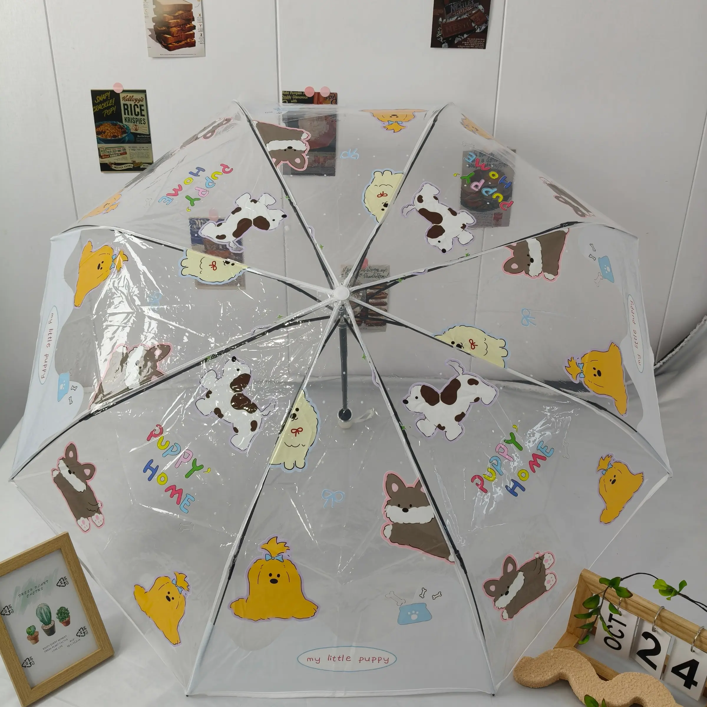 Cute Dog PVC Folding Transparent Umbrella, Durable and Sturdy, Small and Portable, Easy Storage, Semi-Automatic Opening