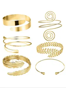 Women's Elegant Feather & Leaf Design Arm Cuff, All-match Vintage Body Jewelry for Women & Girls, Minimalist Bangle, Bangles, Bohemian Bracelets, Stackable Bracelets, Exquisite Bracelet, Golden Cuff Bracelet, Cuff Bracelet Set