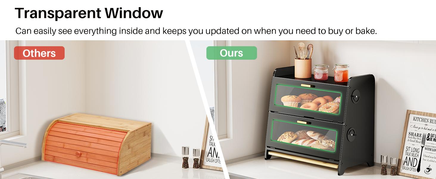 SNTD Bread Box - Kitchen Countertop Bread Storage Container with Bamboo Cutting Board, Adjustable Vent Hole Dials