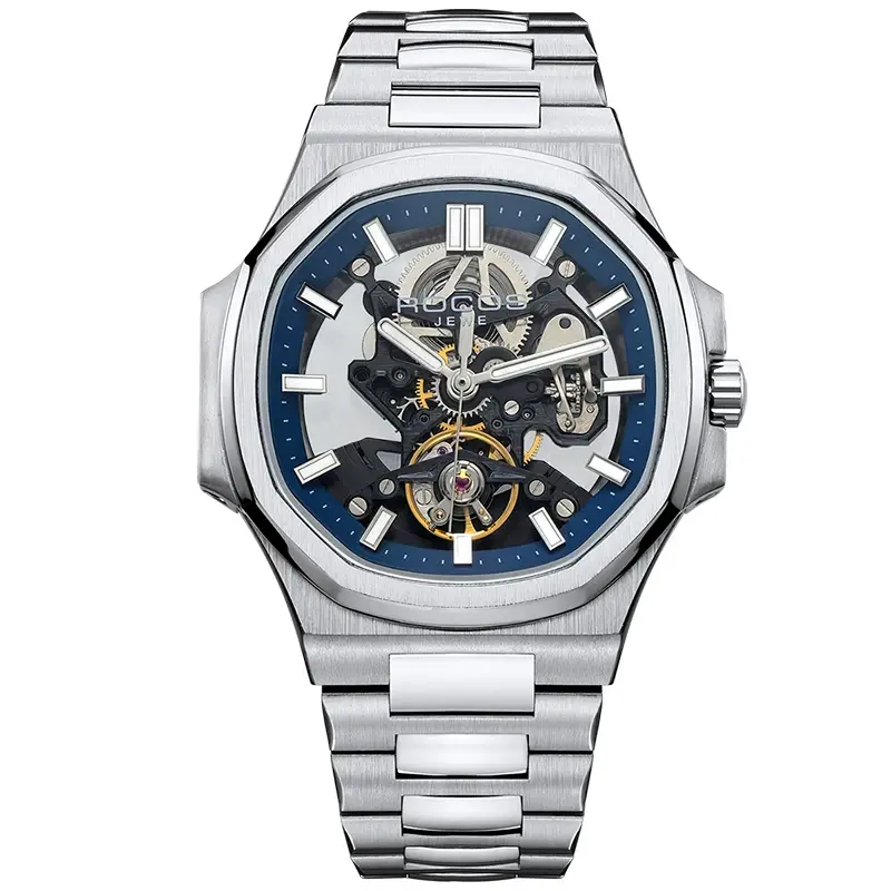 ROCOS Men’s Automatic Mechanical Watch - Polished Brushed Octagonal Case, Full Hollow Open Skeleton Dial with Golden Gear Movement, Solid Integrated Stainless Steel Link Band, Splash-Resistant Minimal Luxury Office Wear Men’s Gift Watch