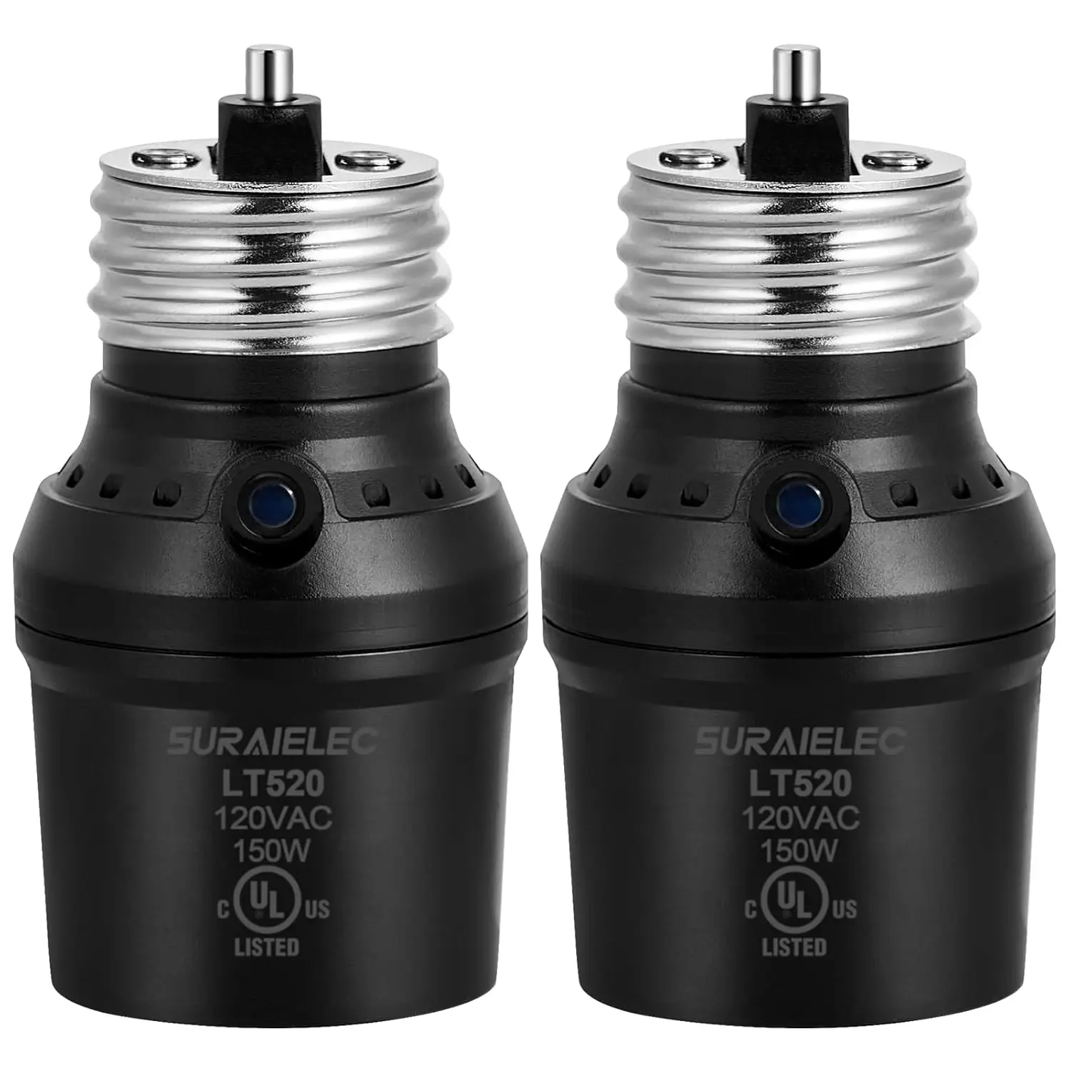 Suraielec Light Sensor Socket, Automatic Dusk to Dawn Light Socket with 360° Sensor Rotation, E26 E27 Bulb Base Adapter for Outdoor Lighting, UL Listed, Black, 2 Pack