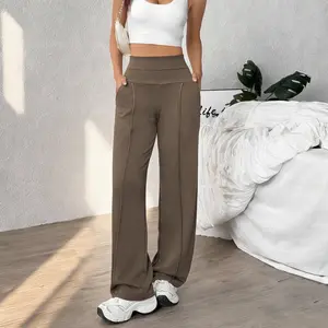 Lady's Minimalist High-Waist Wide-Leg Sweatpants - Basic Sports Bottoms, Loose Straight-Leg Athletic Pants with Pockets for Casual Yoga