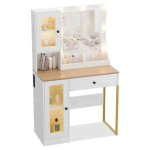 Makeup Vanity Desk with LED Lights and Mirror, 3 Color Modes, Large Drawers & USB Charging Station, Dressing Table for Bedroom Decor