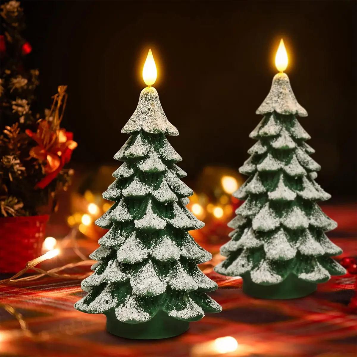 Christmas Decorations Indoor, Christmas Tree Flameless Candles with 6H Timer, Real Wax Battery Operated LED Candles Flickering, 3D Wick Green Electric Candles for Christmas Holiday Decorations
