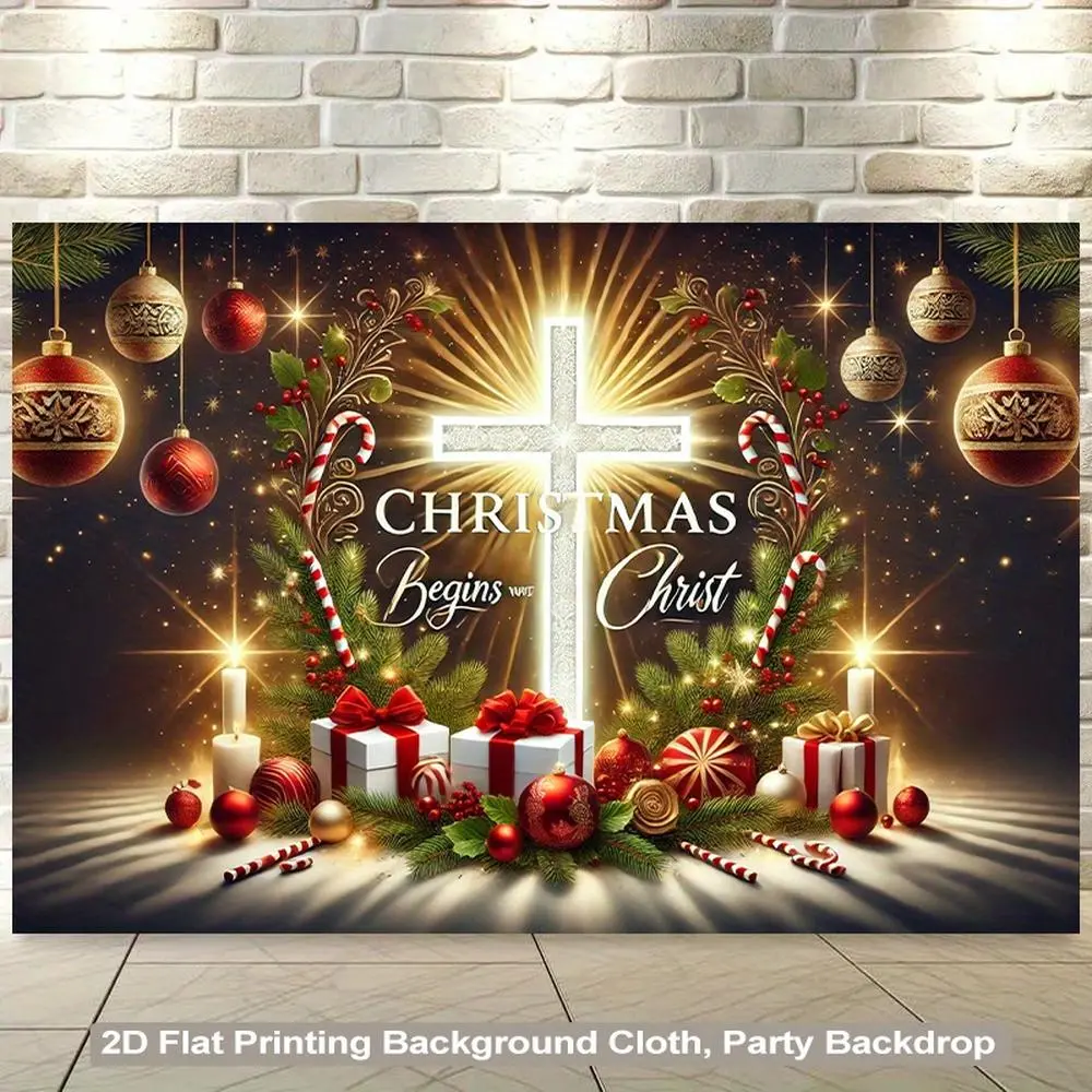 1pc Soft Durable 2D Flat Christmas Decorations Banner, Golden-Red Backdrop, Hangable Church Wall Decor, Golden Cross Wreath, Glowing "Christmas Begins with Christ" Lettering, Lights, Glam Look