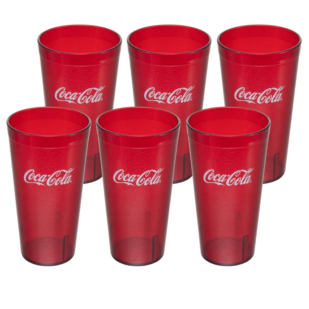 24oz Coca Cola Logo Print Red Plastic Tumblers - Set of 4 or 6 Stylish Reusable Everyday Tumbler Glasses, Translucent Cup, Washable Restaurant & Party Drinkware