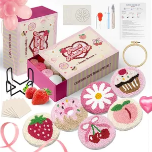 6 count Punch  Coaster Kit, Easy DIY Embroidery Set for Beginners & Adults with Patterns, Tools, Yarns, Hoop, Instructions & Coaster Holder