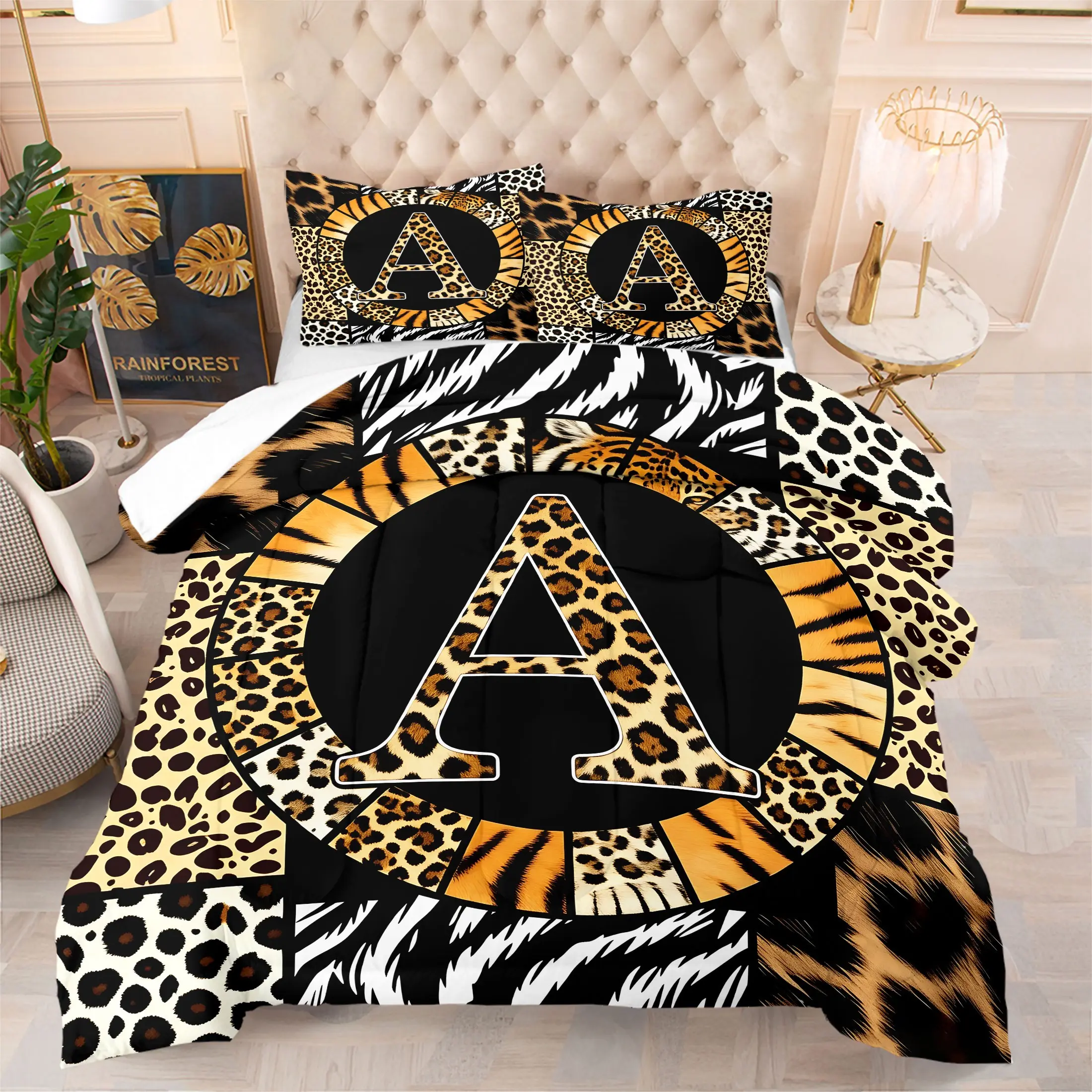 [Comforter Set] 2/3pcs Bold 26 Letter Animal Print Comforter Set | Stylish Leopard & Tiger Striped Decorative Bedding Set for Twin/Full/Queen/King Sizes, Cozy Modern Decor Perfect for Wildlife Lovers and Trendy Bedroom Makeover Pillow Insert Not Included