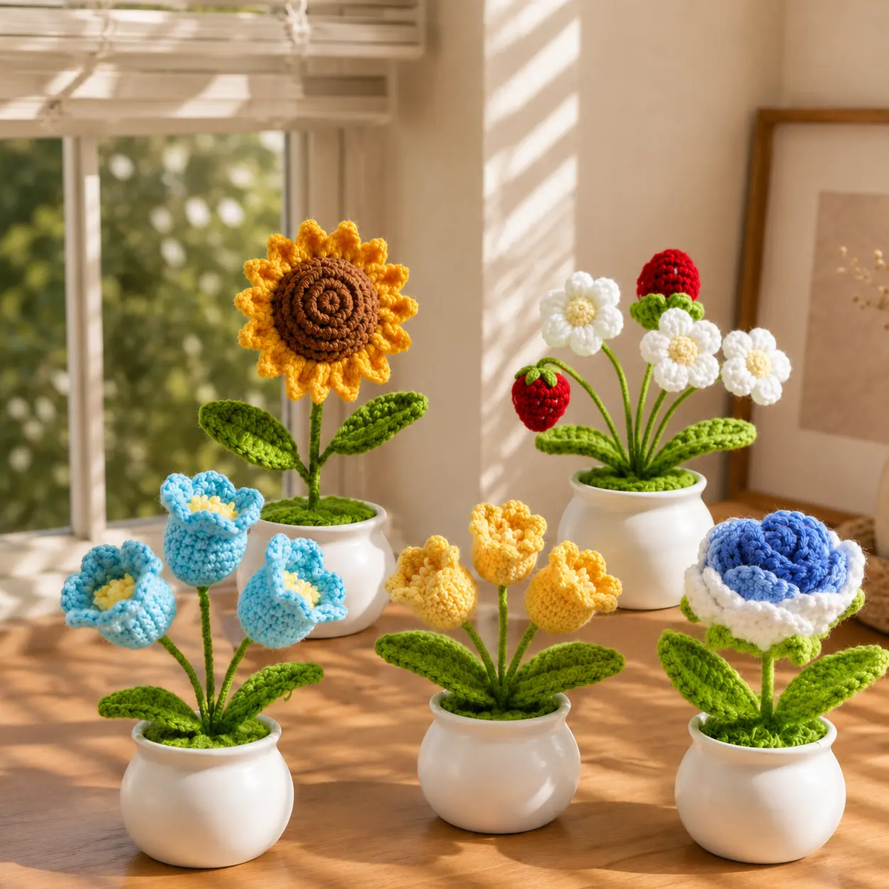 1pc/2pc Crochet Flower Pot Decor, Handmade Knitted Mini Flower Bouquet, Cute Desk Decor for Bedroom, Office, Shelf, Window Sill, Small Gift for Women