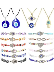 17 Pcs Evil Eye Bracelets Necklaces Set Mexican Braclets Pack Mal De Ojo Bracelets Necklaces Protection Amulet Bracelets Jewelry Gift for Women Men Beaded Bracelet Set