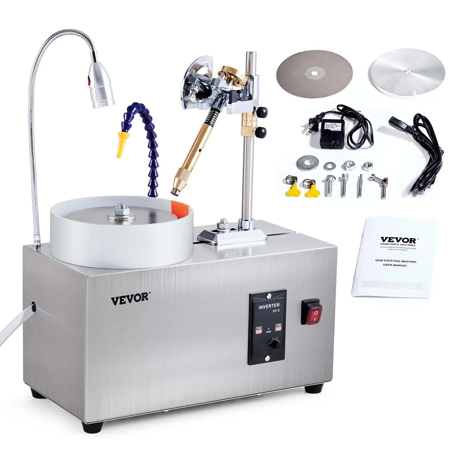 VEVOR 180W High Power Heavy Duty Gem Faceting Machine - 0-2980 RPM Adjustable Speed Polisher, Precise Mechanical Manipulator, Scale, Handle, Independent Switch, Tool Box, Stainless Steel, Low-Noise Work for Gem Cutting, Wood Carving (Power Tool)