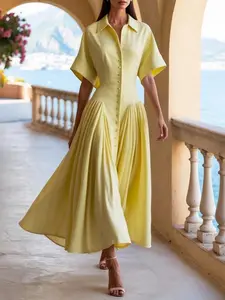 Loose Short Sleeve Button Pleated Solid Color Stand Collar Midi Dress Shirt Skirt, Casual Summer Fashion, Elegant, Women's Clothing