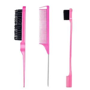 3 Count Comb Set for Teasing Edge and Back Brushing Rat Tail and Edge Combs Hair Stick for Styling Women's Smooth Beauty Products Heatless (Pink)