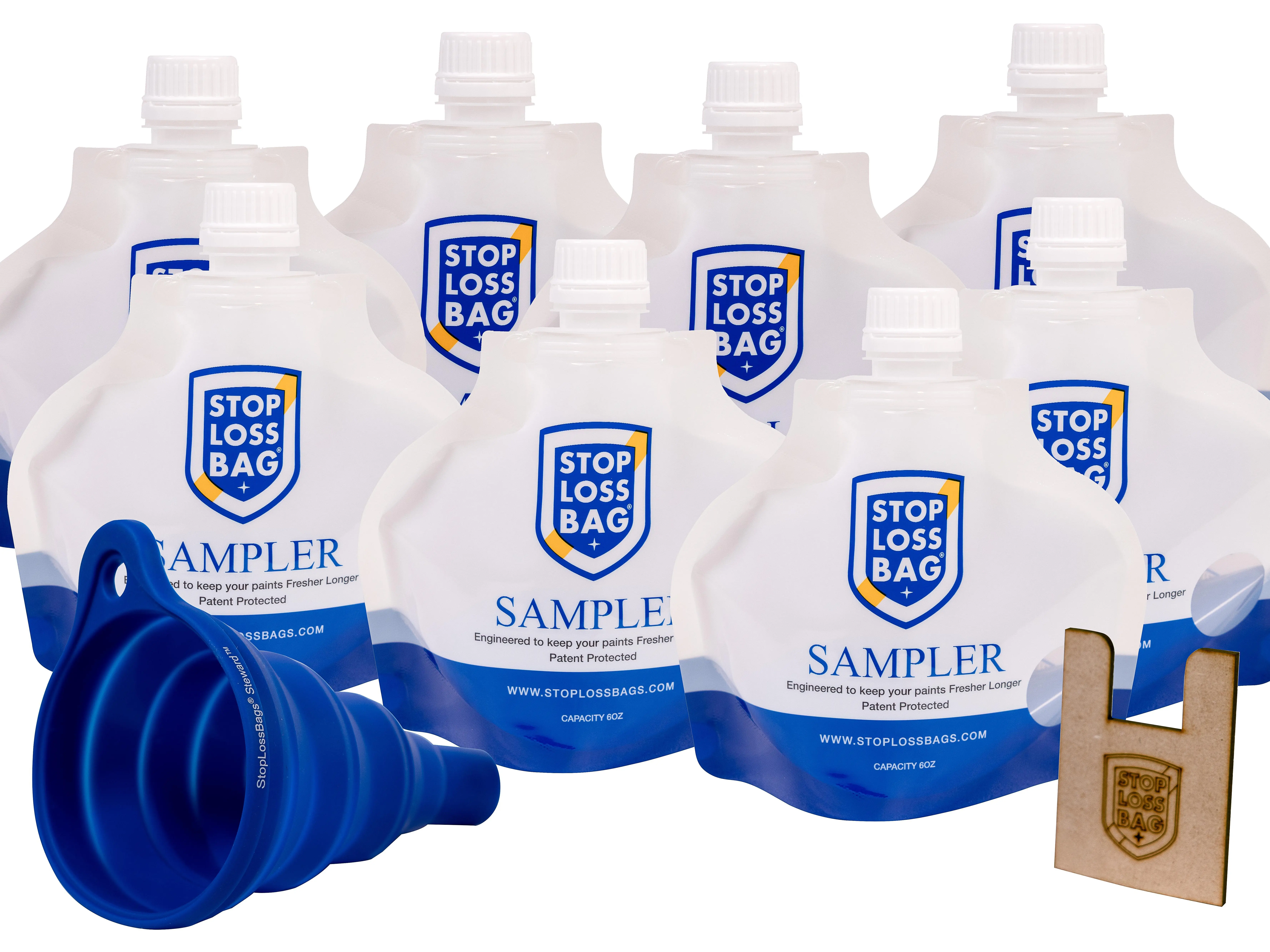 StopLossBags 8-Pack Airtight Paint Saver Sampler Bundle, Eco-Friendly Leak-Proof Resealable Home & Kitchen Storage Bags Kit with Stand-Up Pouches, Funnel, Filler Clip for DIY Projects, Organizing
