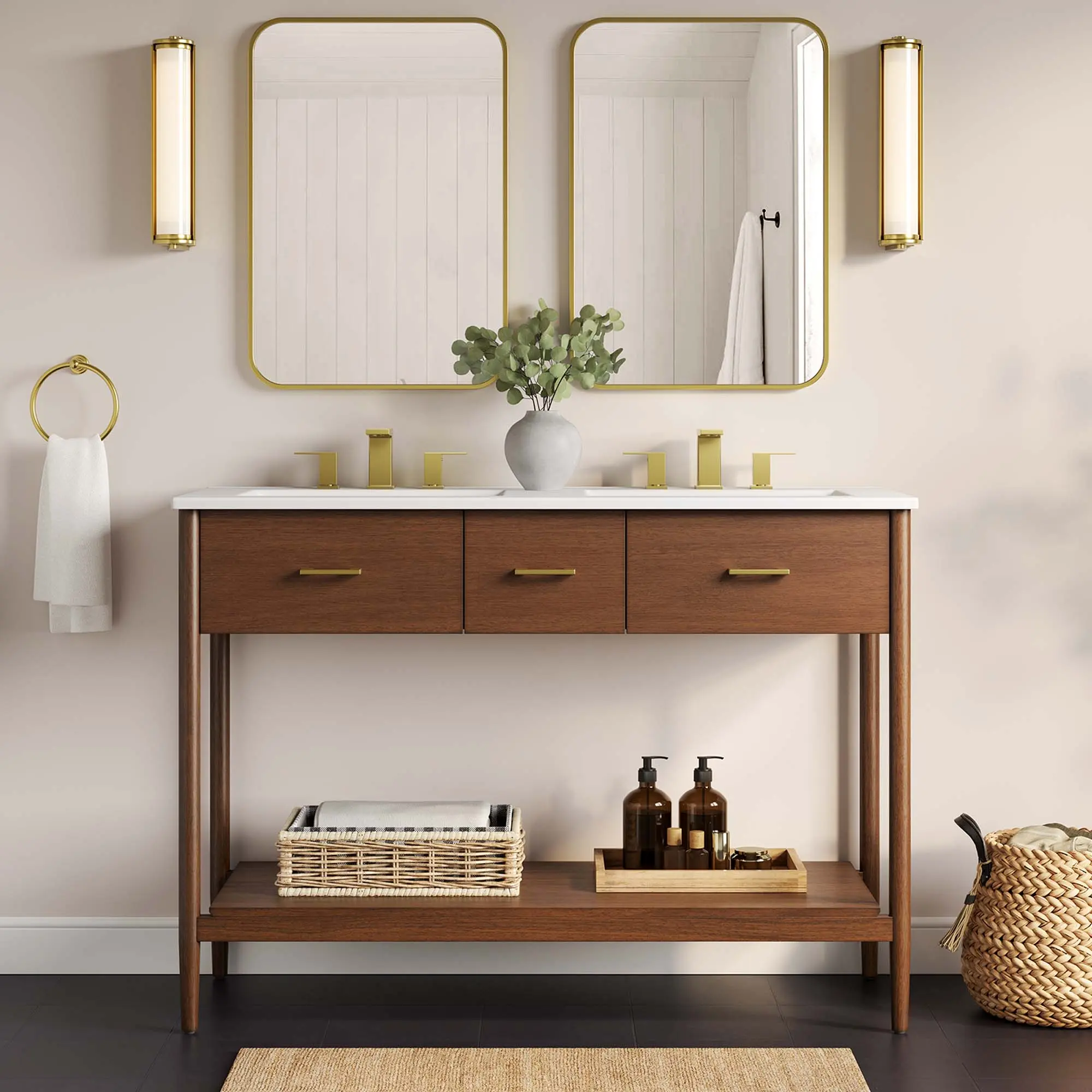 Zaire 48-in Modern Double Sink Bathroom Vanity Set, Indoor Adjustable Walnut White Wood Vanity with Ceramic Sink