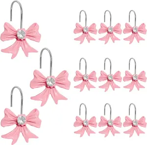 12Pcs Pink Bow Shower Curtain Hooks, Decorative Shower Curtain Hooks, Rustproof Metal Decorative Shower Hangers for Bathroom Bedroom Living Room