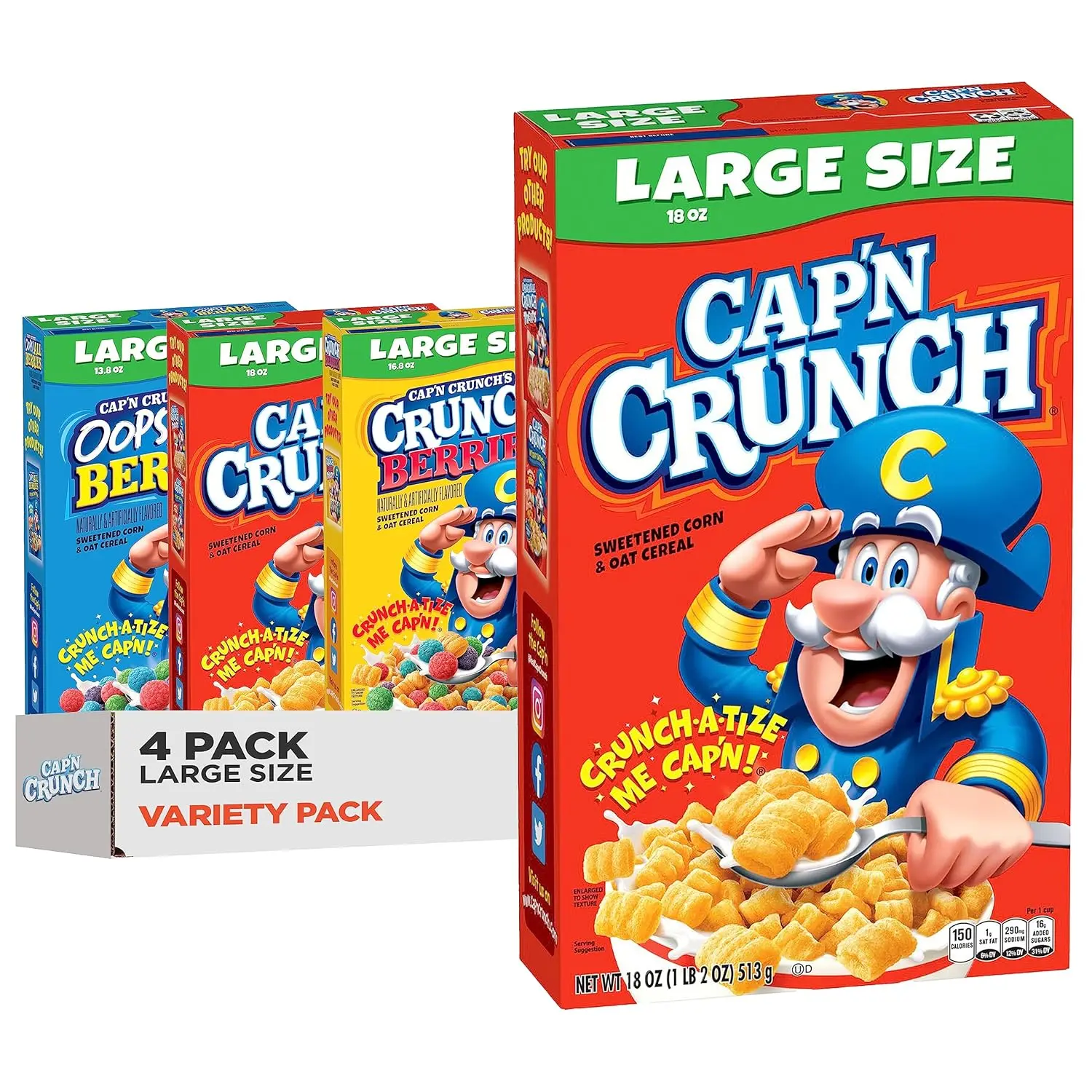Cap'n Crunch Cereal 3 Flavor Variety Pack, Large Size Boxes, 4 Pack, Crunch Breakfast Cereal Assortment, Family Size, Great for Pantry & Snacks