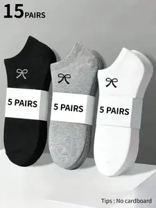 15-pair pack of women's invisible ankle socks in black, gray, and white with bows—stylish and versatile, soft and comfortable, perfect for everyday casual wear