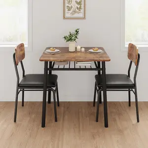 3-Piece Dining Table Set for 2 with Storage Rack, Wood Kitchen Table with Upholstered Chairs Set of 2, Small Square Table Set with Metal Legs Support, for Dining Room, Apartment, Brown