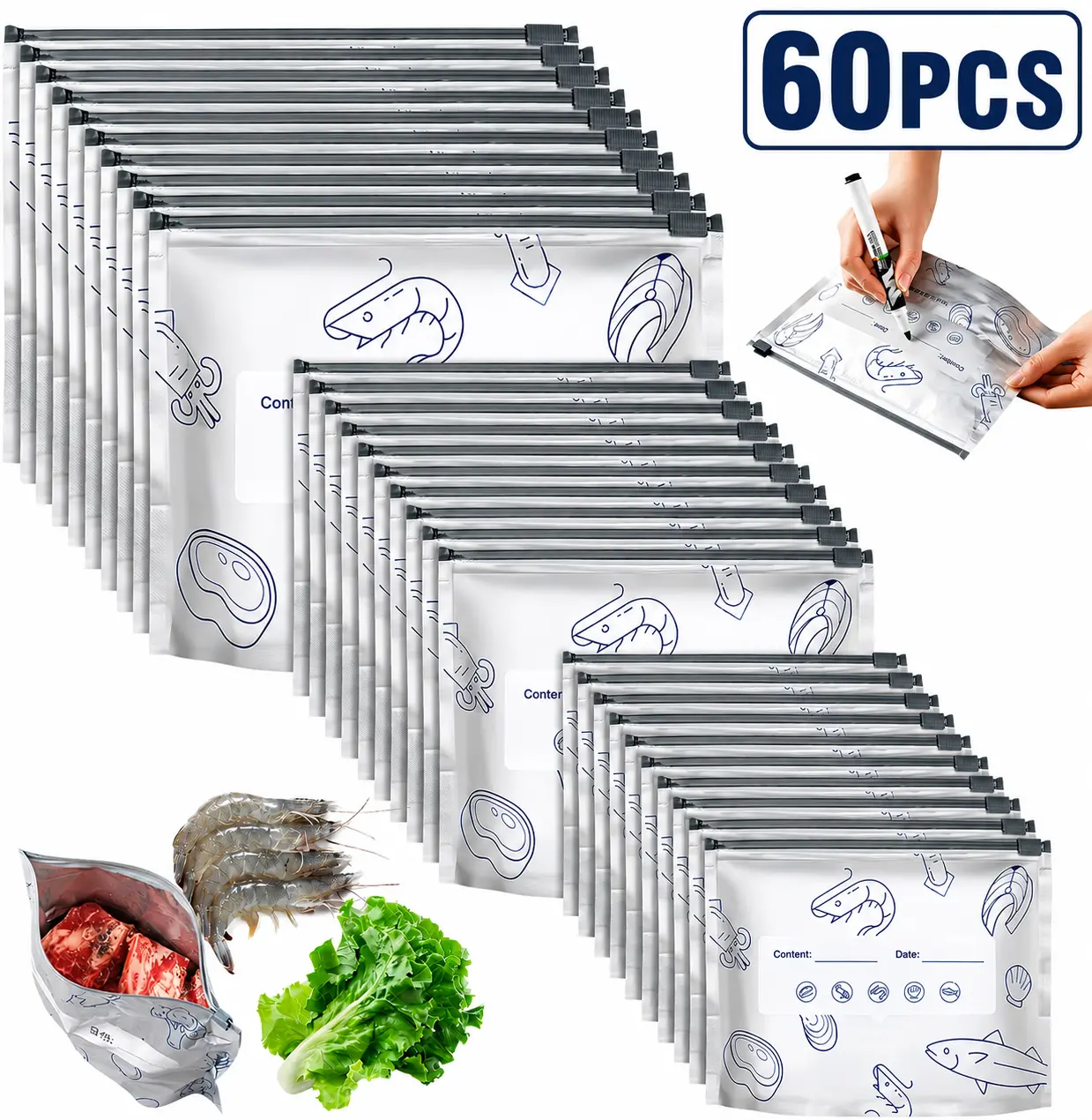 [30/60 Pack] 3 Sizes Reusable Sealable Waterproof Food Storage Bags, Stand Up Foil Bags with Labels & Zipper Lock for Standard Kitchen Tools and Meal Prep, Storing Vegetables, Fruits, Meat, Nuts, Snacks and More
