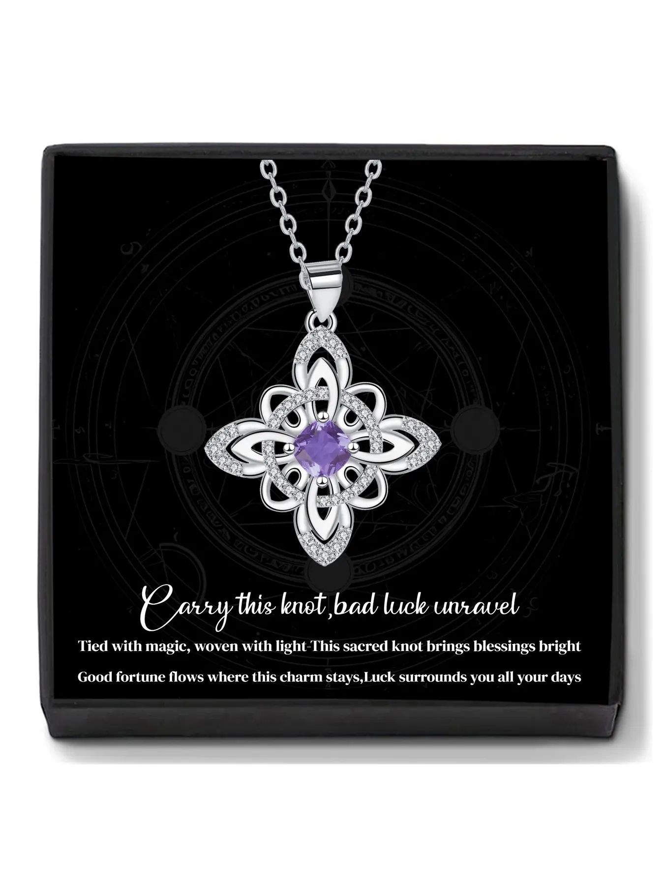 Witches Knot Purple CZ Birthstone Charms Necklace With Blessing Message Card, Celtic Cross Witch Necklace for Women, Amulet Exquisite Jewelry Gift for Wife Girlfriend Mom Daughter