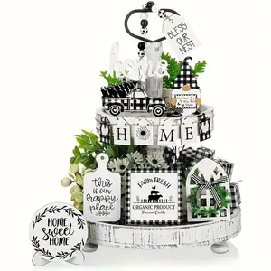 Farmhouse Tiered Tray Decorations Set, 14pcs/set Wooden Sign & Truck & Dwarf & Label & More Design Ornaments, Farm House Decor for Home Kitchen(without Tray)
