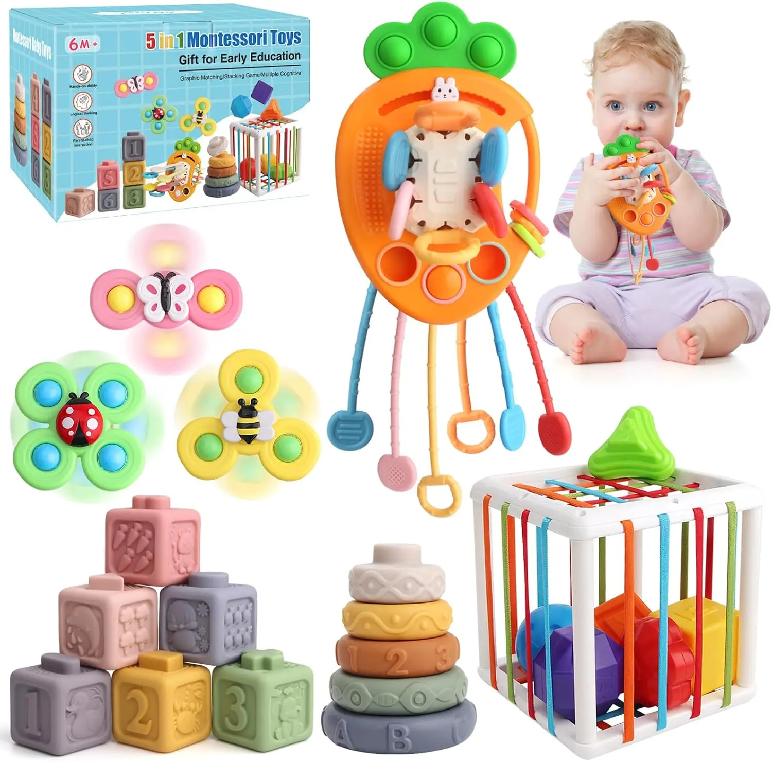 5 in 1 Montessori Baby Toy Set for Toddler Aged 6+ Month - Fine Motor Skill Learning Toys for Baby Grasp & Hand-Eye Coordination