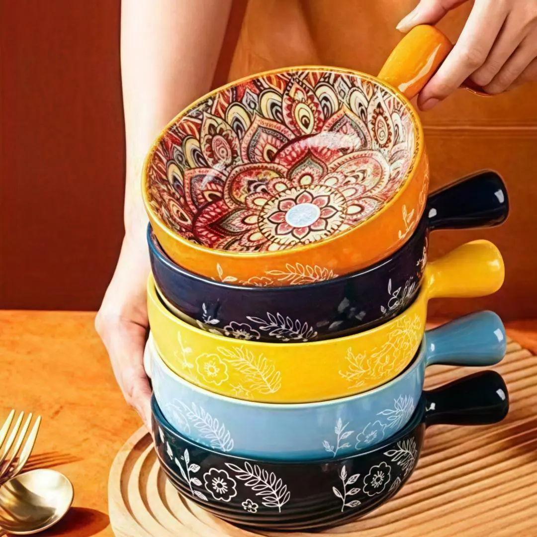 Boho Style Ceramic Pasta Serving Bowls, 1 Count Colorful Floral Pattern Salad Bowl with Handle, Dessert Bowl, Fruit Bowl, Ceramic Food Bowl, Kitchen Tableware for Home Use, Dinnerware Sets, Kitchenware Ceramics