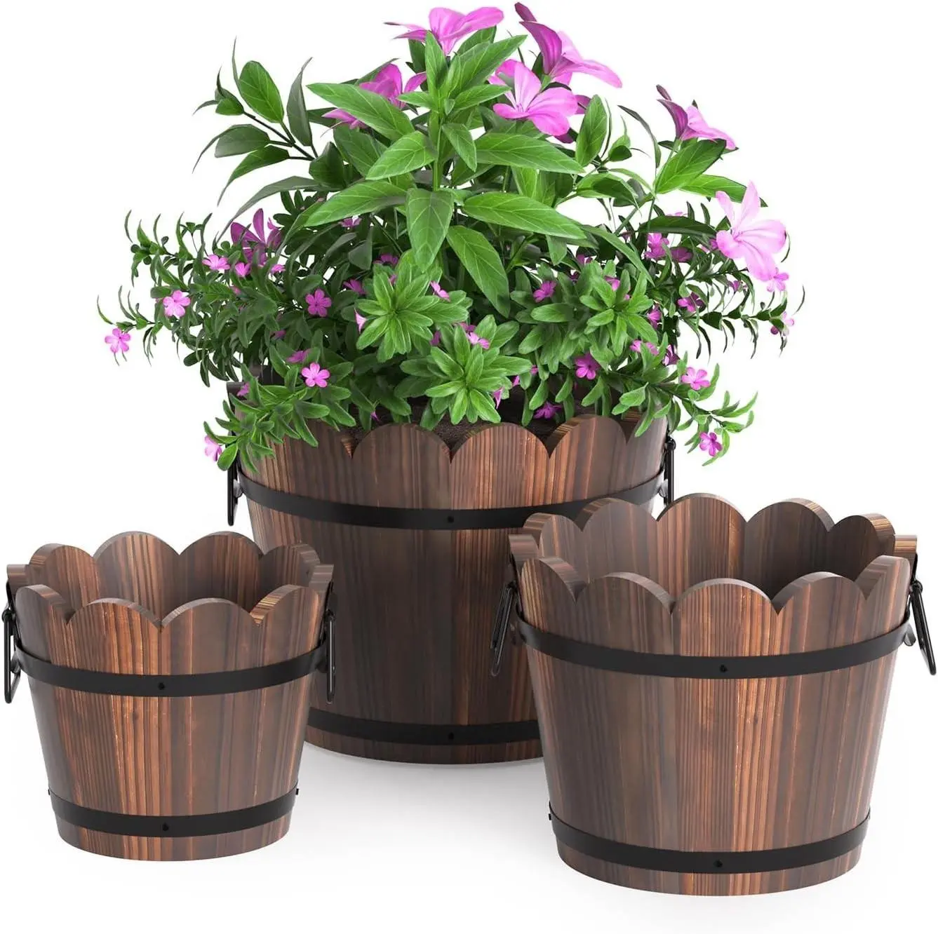 Wooden Barrel Planters Set of 3 Rustic Flower Pots Indoor Outdoor Plant Pots