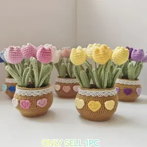 100%Handmade Crochet Tulip Potted Plant, Yarn DIY Finished Artificial Flower Bouquet, Creative Crocheted Homemade Gift, Home Decoration Gift
