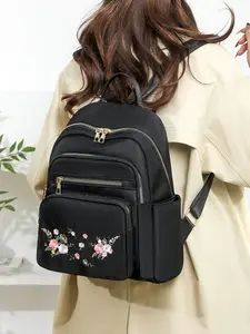 Women's Embroidered Shoulder Bag, Lightweight Fashionable Casual Daypack Large Capacity Travel Backpack, Zipper Backpack, Oxford Cloth Computer Bag, Simple Student School Backpack Bookbag, Backpacks Women