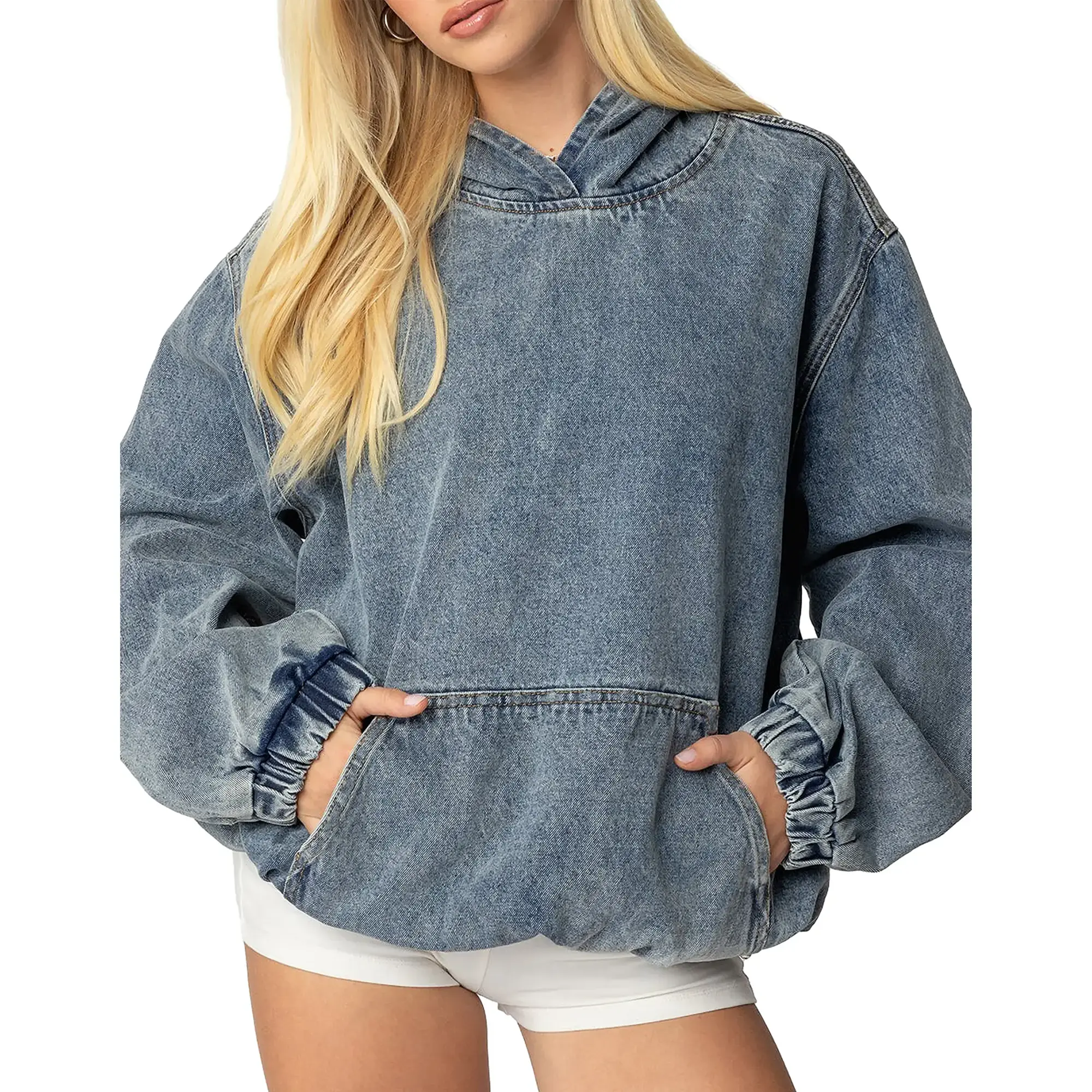 Women's Soft Vintage Denim Hoodie Sweatshirt - Casual Fashion Long-Sleeve Loose Breathable Oversize Pullover Top with Pocket for Fall Streetwear