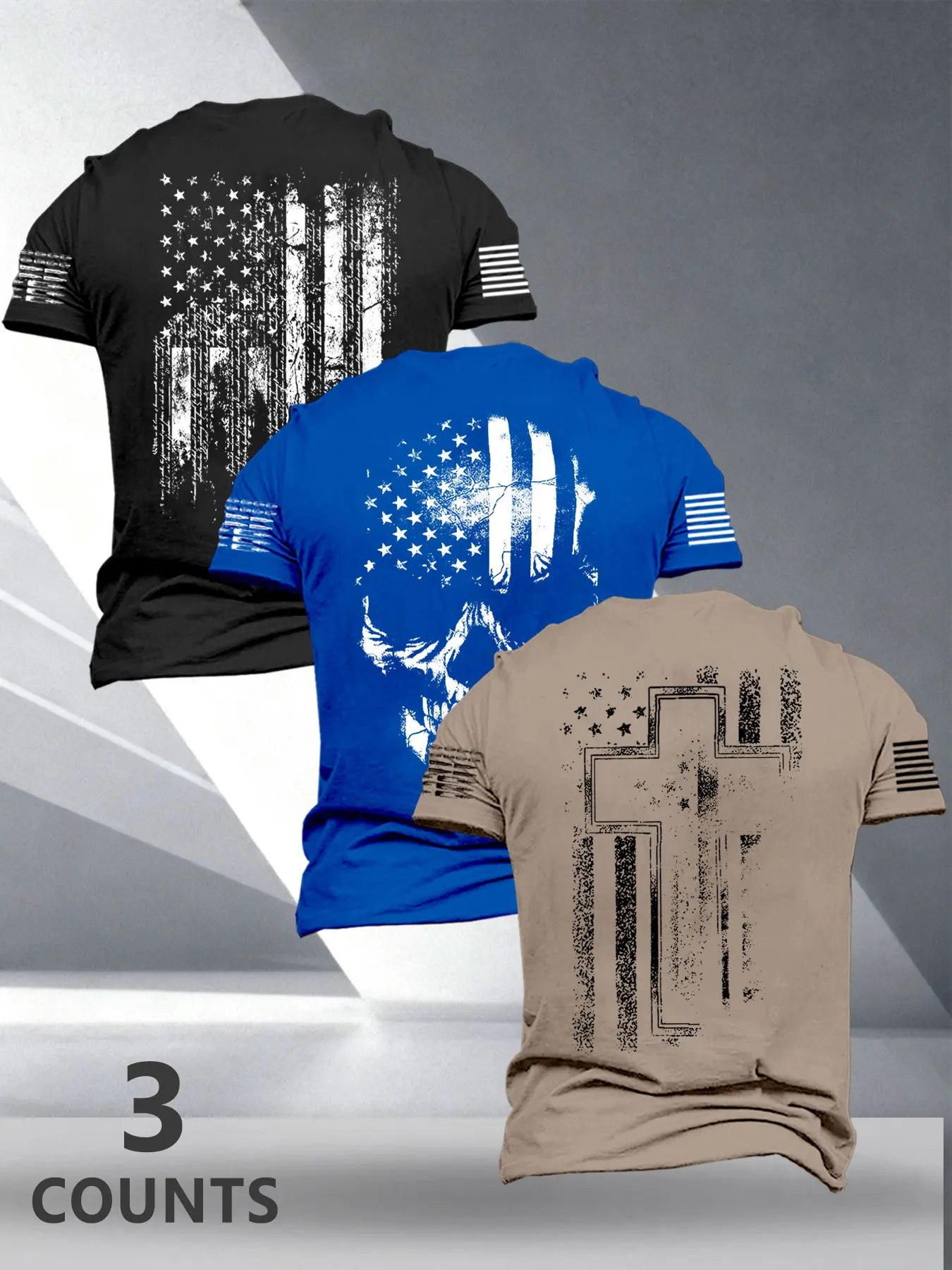 Men's Street Style Casual Fashion Three-Piece Set, Flag Print Short Sleeve T-Shirts, Loose-Fitting, Perfect for Daily Wear, Outdoor Activities and Menswear