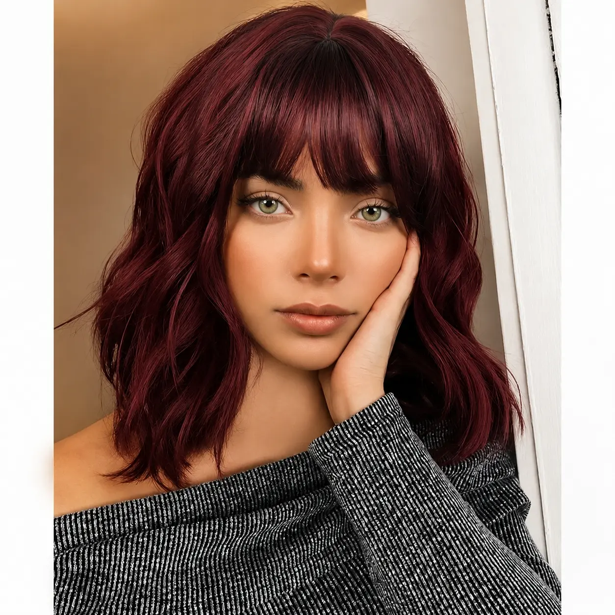 Summer Vibes Curly Bob Wig with Bangs, Short Wavy Wine Red Color Wig for Women, Bob Style Synthetic Heat-Resistant Bob Wig, Includes Gift Box and Hair Net