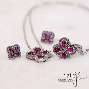 Ruby Jewelry Set | Sparkling Four-Leaf Clover Necklace Ring Earrings with Teardrop & Round Ruby Gemstones | Silver-Toned Metal | Adjustable Chain | Perfect for Any Occasion | #LuxuryJewelry #CloverJewelry