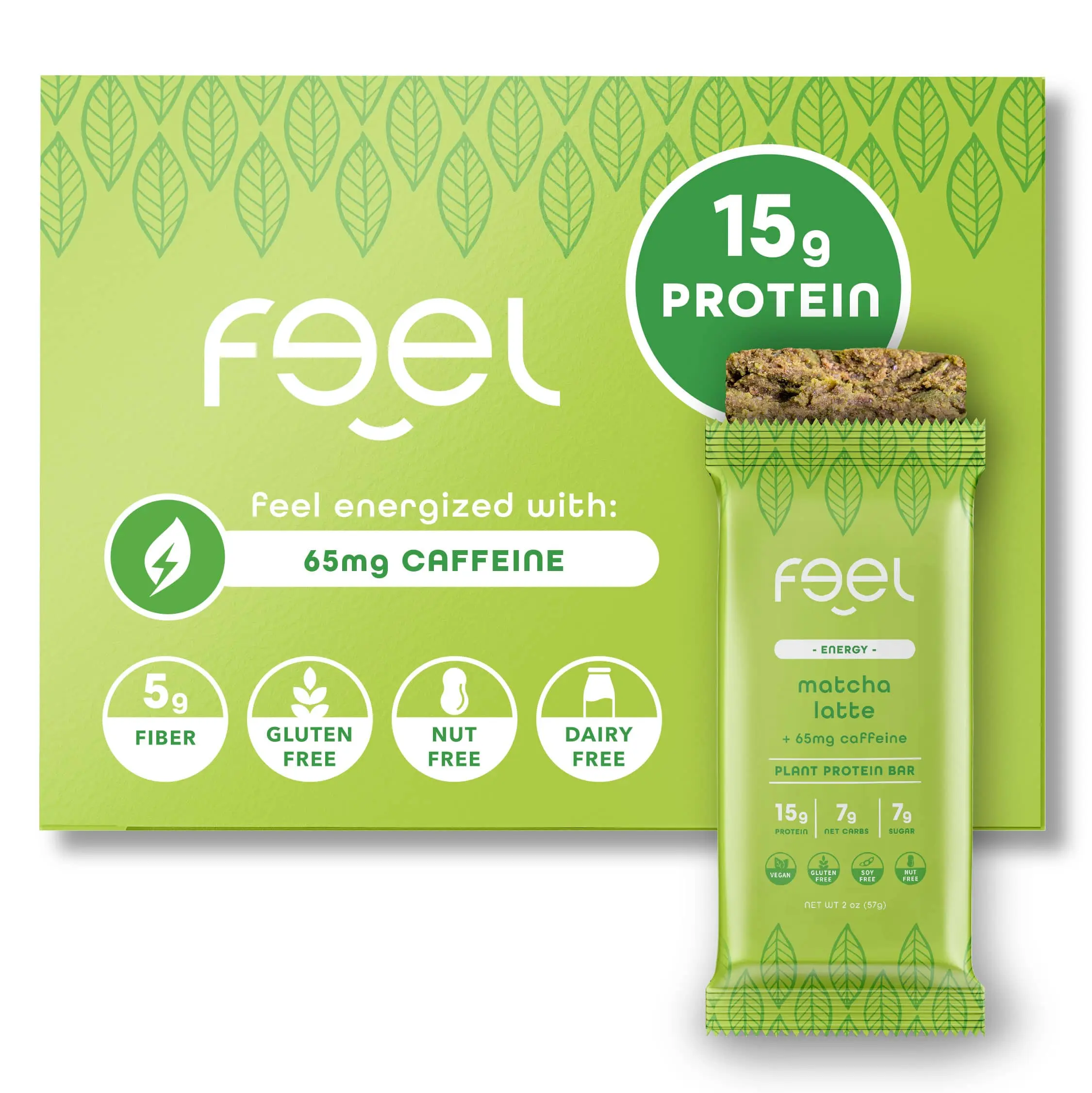 Feel Bars – Vegan Protein Bars | Matcha Latte – 10 Pack | 15g Plant Protein | +L-Theanine | Keto | Organic | Gluten Free, No Nuts, No Soy, No Dairy, No Grains