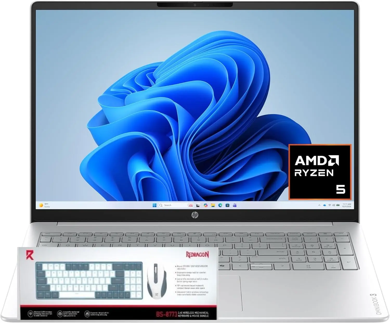 HP OmniBook 3 16 inch Laptop PC, 2K Touchscreen, AMD Ryzen 5 40, 8 GB RAM, 256 GB SSD, Windows 11 Home, Glacier Silver