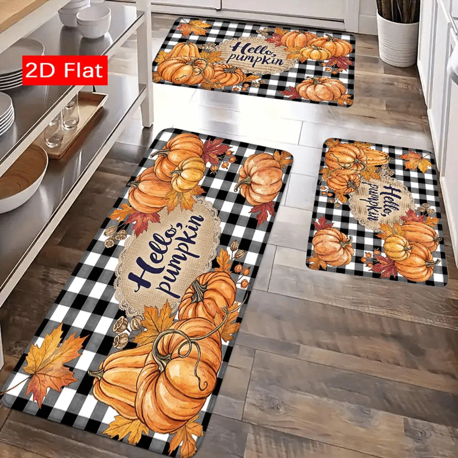 1pc 2D Flat Autumn Pumpkin Flannel Floor Mat Soft Machine Washable Fall Home Decorative Rug for Kitchen Entryway Porch Bedroom Dining Area Laundry Room and Doorway