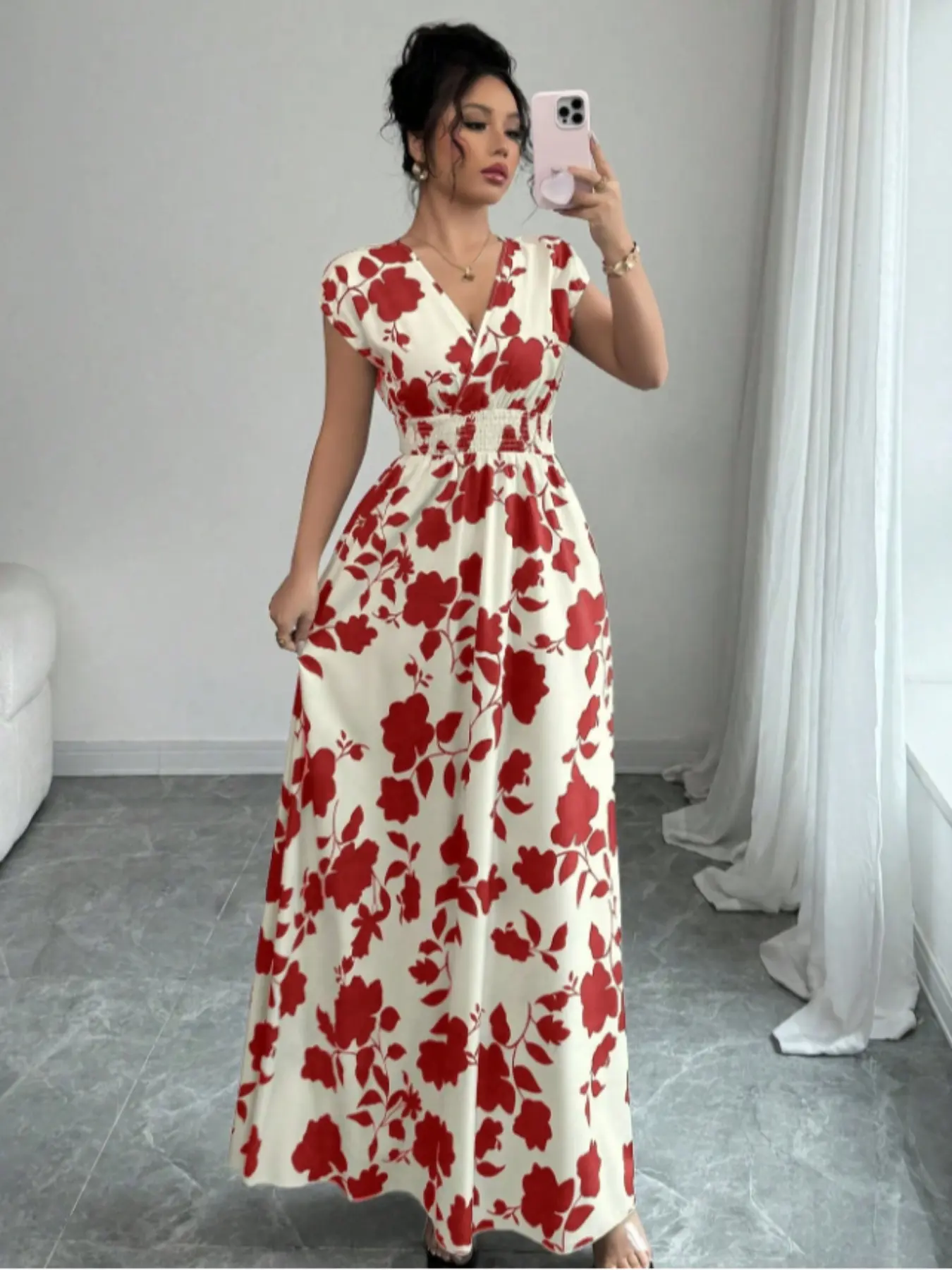 Elegant Women's Summer Boho Flowy Dress, V Neck A-Line Batwing Sleeve, Floral Print, Leaf, Casual Fashion Style, Perfect for Daily Wear & Special Occasions